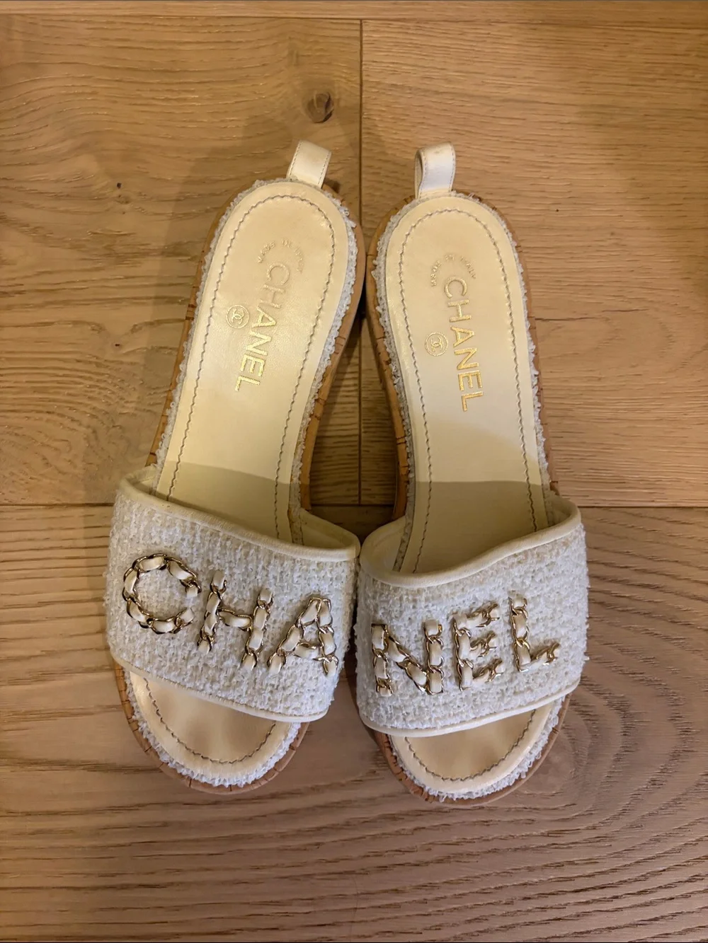 CHANEL Cream Tweed Slide Mules with Gold Logo